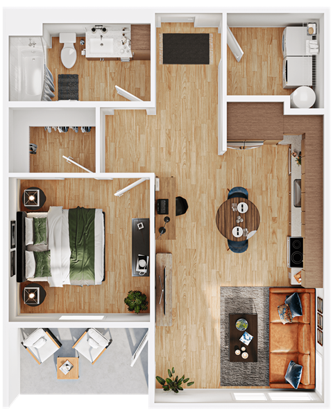 Floor plan for 1 bed, 1 bath, 711 sqft